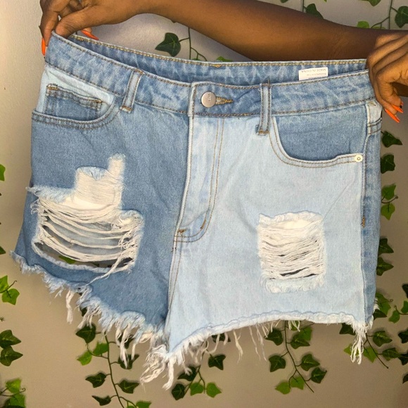 Half Bleached Ripped Hem Denim Shorts 